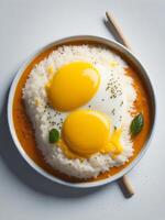 stock photo of photorealistic sunny side up egg with rice food photography