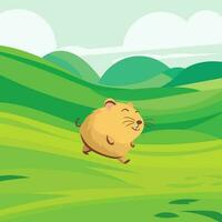 Happy capybara walking on rolling green hills children illustration vector image