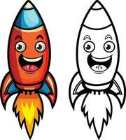 Happy Cartoon Rocket vector illustration , rocket spaceship with a smiling vector image , colored and black and white stock vector