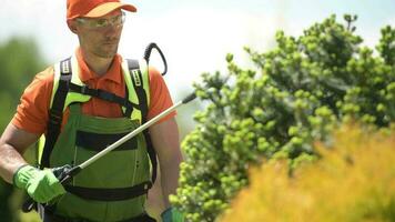 tuinman insecticide functie. Kaukasisch tuin arbeider met sproeien apparatuur. video