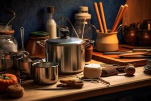 stock photo of a kitchen table stove and stuff tools equipment food photography