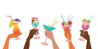 Hands holding cocktail glasses on a white background. Celebration poster concept and web banner. Vector illustration.