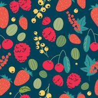 Seamless pattern from falling ripe berries. Raspberries, strawberries, currants, cherries, gooseberries. Dark background. Design for poster, label, banner. Vector illustration.