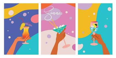 Poster set. Modern flat summer beach evening party flyer design template. Hands holding cocktail glasses on summer abstract background. Holiday poster concept and web banner. Vector illustration.