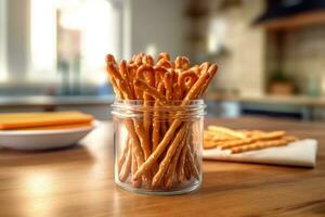 stock photo of pretzel sticks or pretzels in the kitchen table professional food photography ai generated