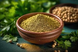 stock photo of coriander powder on the kitchen flat lay photography