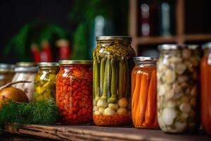 Enlatado vegetales en el cocina mesa comida fotografía ai generado foto