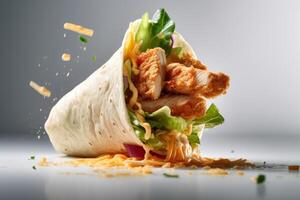 stock photo of chicken wrap flying through the air with cheese food photography