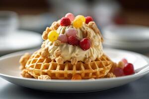 valores foto de un hielo crema con gofre en plato más arroz crujiente fotografía generativo ai