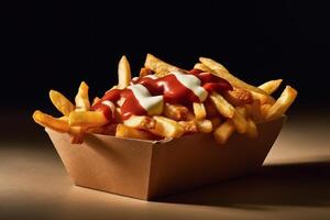 stock photo of fried fries with tomato sauce and mayonnaise food photography