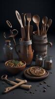 stock photo of photorealistic kitchen cooking set with wooden photography