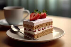 cup coffee with a slice strawberry Profesional advertising Food Photography AI Generated photo