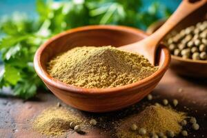 stock photo of coriander powder on the kitchen flat lay photography