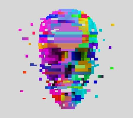 Vector pixel art skull. 3d  glitch disintegration effect. Neon colored retro video game style design.