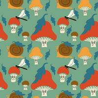 Cartoon retro kids seamless pattern with mushrooms. Groovy elements mushrooms, dragonflies, snails in minimalistic style with facial expression. Perfect for decoration, kids textile, wrapping vector