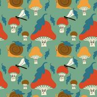 Cartoon retro kids seamless pattern with mushrooms. Groovy elements mushrooms, dragonflies, snails in minimalistic style with facial expression. Perfect for decoration, kids textile, wrapping vector