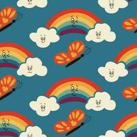 Childish cartoon vintage pattern with rainbow. Groovy elements rainbow, butterflies, clouds in minimalistic style with facial expression. Perfect for decoration, kids textile, wrapping paper, printout vector