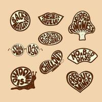 Retro groovy stamps in different forms. Vector typographic flat isolated stickers or printouts with paint spalshes. Groovy slogans. Ideal for t shirt print, decoration