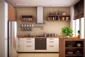 stock photo of kitchen with a refrigerator and a rice cooker photography