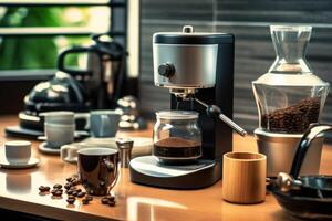 stock photo of make modern grind coffee maker in the kitchen table food photography