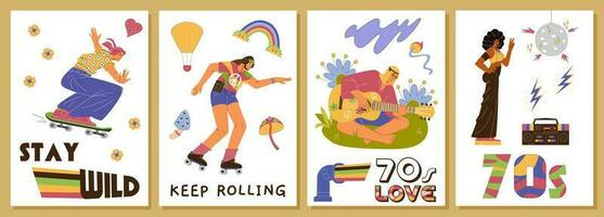 70s style posters with vector retro illustrations. Vintage prints with people from the 70s. Hippies, disco dancer, roller skater characters.