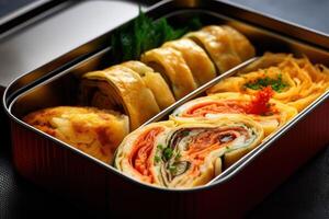 stock photo of Tamagoyaki Japanese Rolled omelette in bento Editorial food photography
