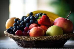 valores foto de mezcla Fruta en el cesta editorial comida fotografía generativo ai