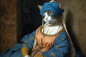 Cat as Ingres la grande odalisque famous historical character portrait illustration photo