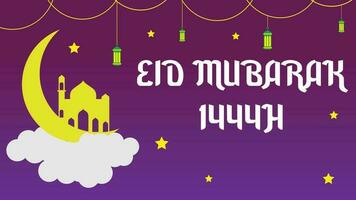 Eid Mubarak's Greeting 1444H, Moon and Mosque, PurpleBakcground vector