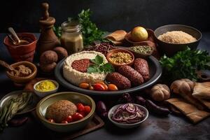 Middle Eastern or Arabic dishes and assorted meze on a dark background. Meat kebab, falafel, baba ghanoush, hummus, rice with vegetables, tahini, kibbeh, pita. Halal food. Space for text. photo