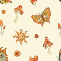 Autumn groovy vibes seamless pattern with mushrooms, butterfly celestial. Fall vibe vector illustration. Retro psychedelic hippie background in 70s style