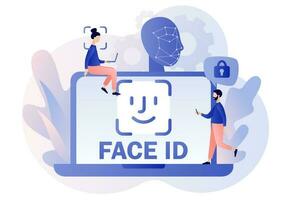 Face ID concept. Tiny people scans and recognition faceusing laser in laptop. Data security. Biometric identification system. Modern flat cartoon style. Vector illustration on white background