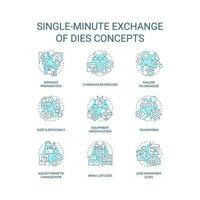 Single minute exchange of dies turquoise concept icons set. Productivity improvement idea thin line color illustrations. Isolated symbols. Editable stroke vector