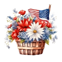 USA Flagge und Blumen im Korb. Aquarell. Illustration ai generativ png