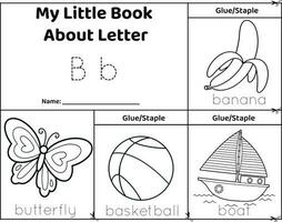 Logical printable worksheet alphabet beginning sounds flip book in black and white.Letter B. Trace words for pictures. butterfly, ball, banana, boat vector