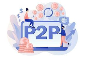 Peer-to-peer trading. P2P lending. Investment in loan. Deposit agreement. Tiny people invest e-money. Cryptocurrency. Modern flat cartoon style. Vector illustration on white background