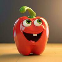 pixar estilo alegre rojo Pimiento 3d personaje en brillante marrón antecedentes. generativo ai. foto