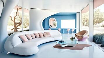 Futuristic interior style livingroom, Modern cozy living room with monochrome blush. . photo