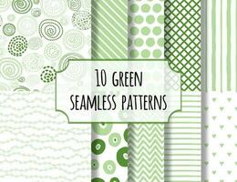 Vector set of cute green hand drawn pastel background patterns made from floral, polka dot, stipes, stroke, diagonal, hearts and branch elements.