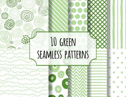 Vector set of cute green hand drawn pastel background patterns made from floral, polka dot, stipes, stroke, diagonal, hearts and branch elements.