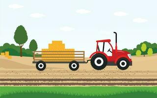 Agriculture and Farming. Agribusiness Tracktor. Rural landscape. Design elements for info graphic, websites and print media. Tractor carrying hay, harvester, the field, harvesting vector