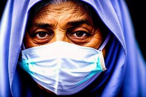 un antiguo musulmán mujer vistiendo protector mascarilla. codicioso 19 enmascarado con confianza. generativo ai foto