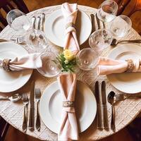 Elegant dinner table setting arrangement in English country style as flatlay tablescape, folded napkin on a serving plate, tableware and holiday table decor, photo