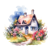 Watercolor cozy cottage surrounded by flowers garden, isolated. png