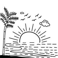 verano puesta de sol tropical playa línea Arte vector ilustración, mano dibujado puesta de sol y amanecer contorno paisaje tropical playa, palma árbol con puesta de sol olas naturaleza vista, niños dibujo playa colorante paginas