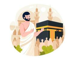 islámico hajj peregrinaje. un musulmán hombre usa ihram ropa con un kaaba antecedentes. vector ilustración en plano estilo