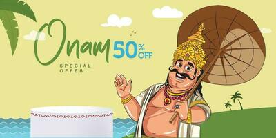 onam oferta bandera modelo. ilustración de Rey Mahabali con producto podio vector