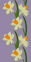 Vector outline hand drawn border with daffodils. Flat isolated flowers on purple background. Ideal for decoration, packaging, paper, scrapbooking, wallpaper, background, template, textile