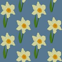 Floral seamless pattern with blooming daffodils. Flat vector flowers on blue background. Ideal for wrapping paper, background, wallpaper, textile, banner, scrapbooking, banner