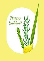 Minimalistic Sukkot greeting card template. Feast of Tabernacles or Festival of Ingathering. Traditional four species symbol for sukkot judaic celebration - etrog, lulav, hadas, arava.Botanical vector